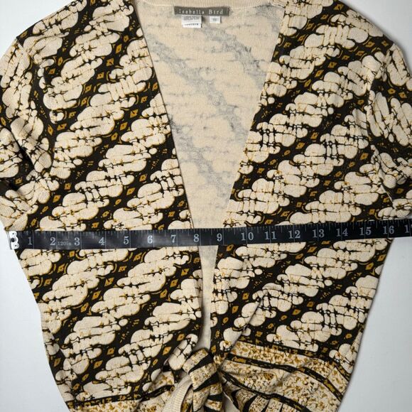 Isabella Bird Anthropologie Silk Cardigan Small Beige Black Geometric Tie Front - Picture 9 of 12